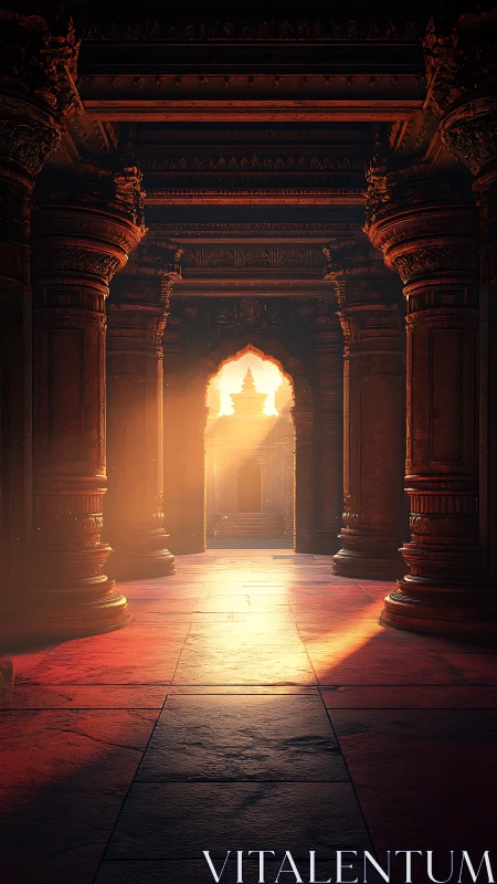 Stone temple corridor with backlit archway and columns.