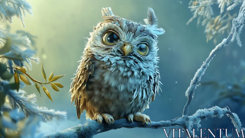 Whimsical fluffy owl on frosty branch in dreamy digital art style.