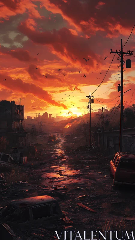 Fiery sunset glows over a lonely, ruined city roadway
