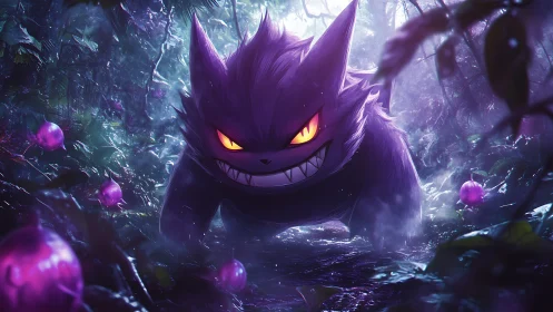 Shadowy ghost creature stalks a neon-lit enchanted forest