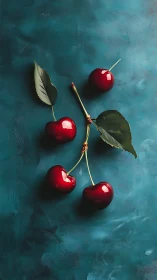 Glistening cherries resting softly on teal painted backdrop.