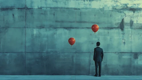 Quiet man and red balloons against a teal concrete dreamscape.