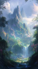 Mythic mountain citadel with cascading ethereal waterfalls.