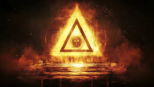 Luminous fiery triangle sigil over reflective molten surface glows