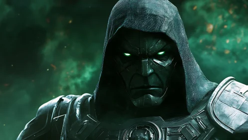 Brooding techno-warlock with emerald stormfire gaze.