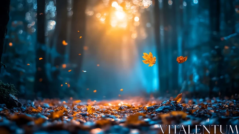 Drifting autumn leaves under ethereal blue forest glow.