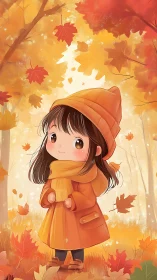 Cute autumn girl illustration in warm orange forest scene.
