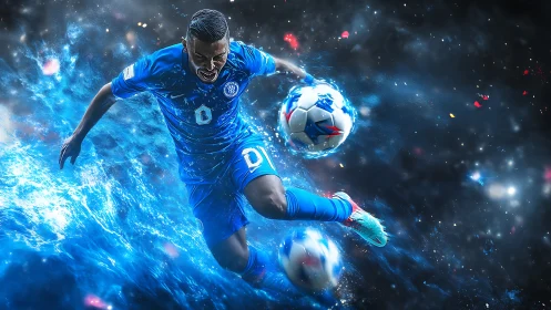 Electric blue soccer striker in explosive motion storm.