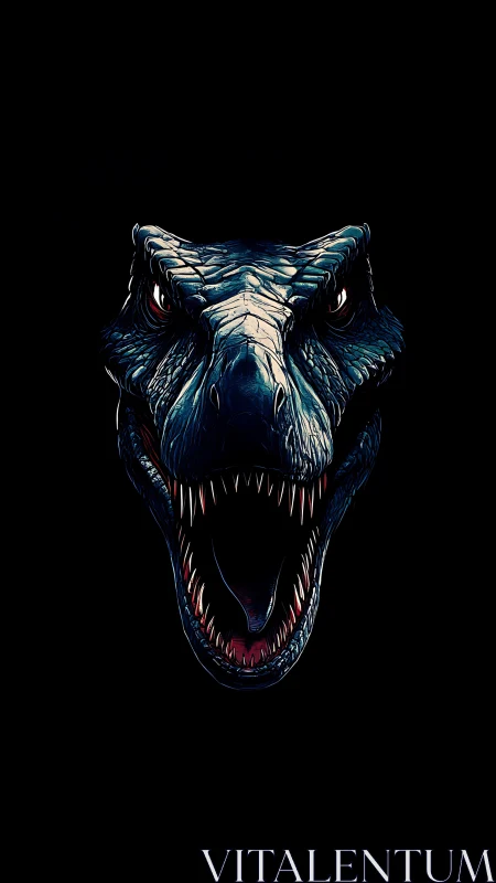 Predatory dinosaur head roars from deep black background