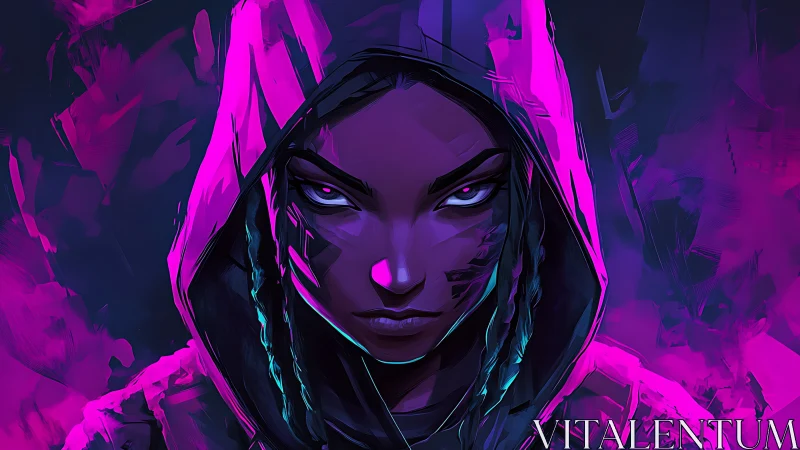 Hooded digital portrait centers stylized face in neon contrast