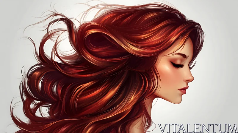Profile study of flowing red hair in high-detail digital render.