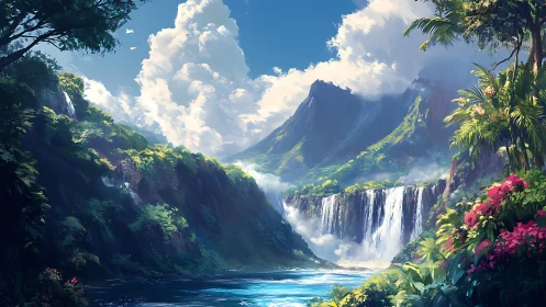 Digital landscape shows tropical waterfalls and distant peaks