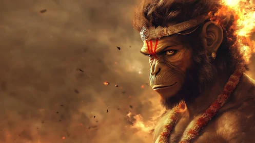 Fiery monkey warrior studies the storm of swirling embers