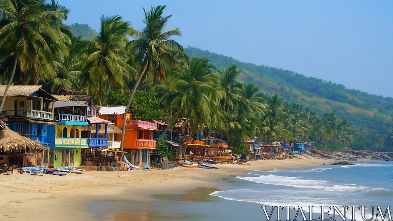 Chromatic coastal huts and palm canopy along tropical shoreline.