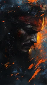 Warrior profile burns through darkness with vivid fire streaks