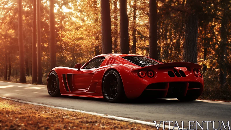Crimson supercar glides through ember-tinted forest road.