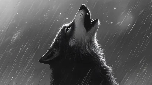 Wolf silhouette howls skyward through silver rainstorm.