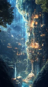 Vertical bioluminescent rainforest metropolis in fantasy dusk.