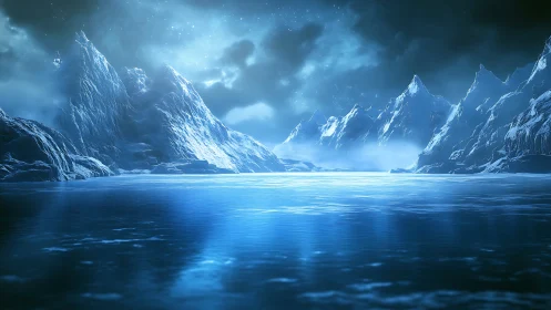 Frozen blue mountain lake under starry polar night.