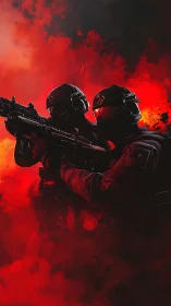 Tactical operators in red inferno with high-contrast lighting.