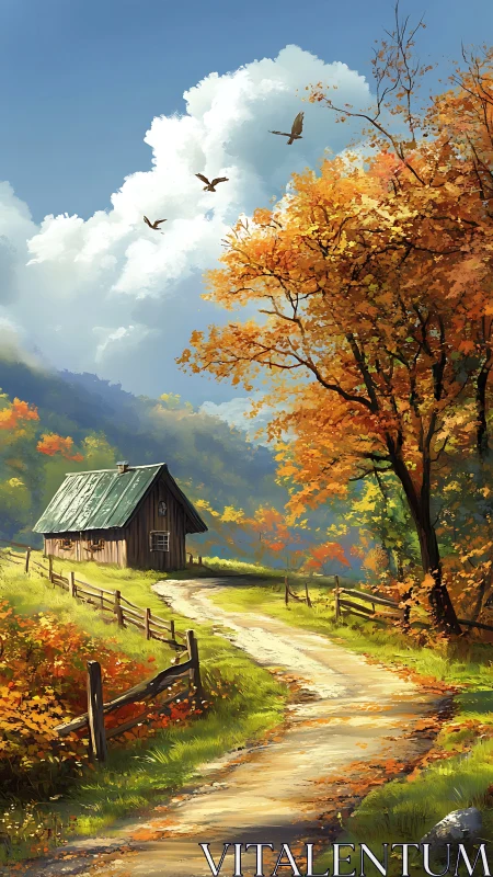 Autumn hillside cabin along curvilinear path under cumulus clouds.