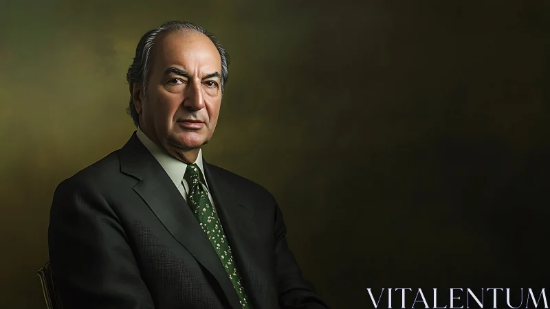 Stoic gentleman in olive suit beneath painterly shadows.