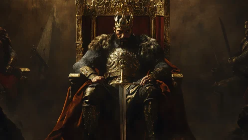 Armored monarch on gilded throne with dominant chiaroscuro composition.