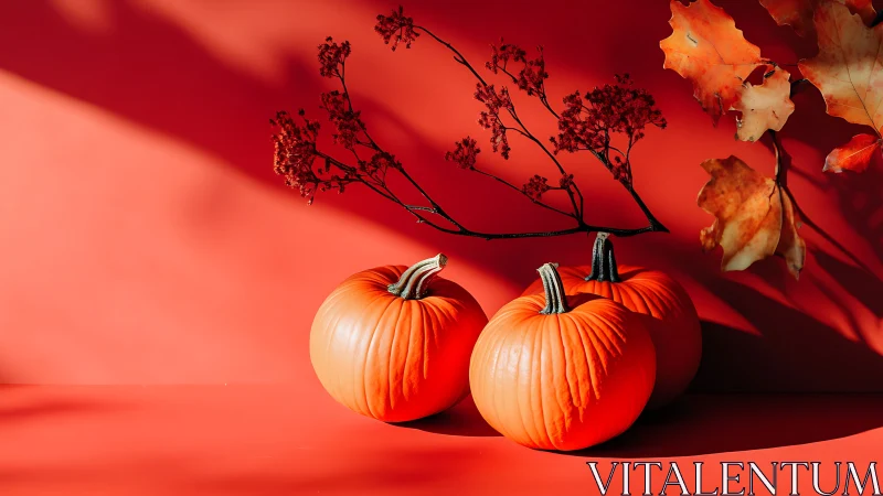 Three pumpkins stand against monochrome red backdrop