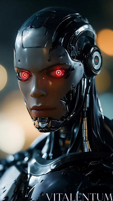 Humanoid cybernetic head with illuminated red optical sensors.