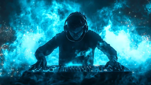 DJ operates mixing console within blue atmospheric effects