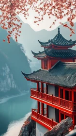 Cliffside pagoda above misty river valley in spring bloom.