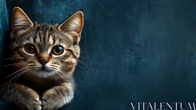 Tabby Cat Portrait with Dichromatic Iridescent Eyes Against Deep Teal Background.