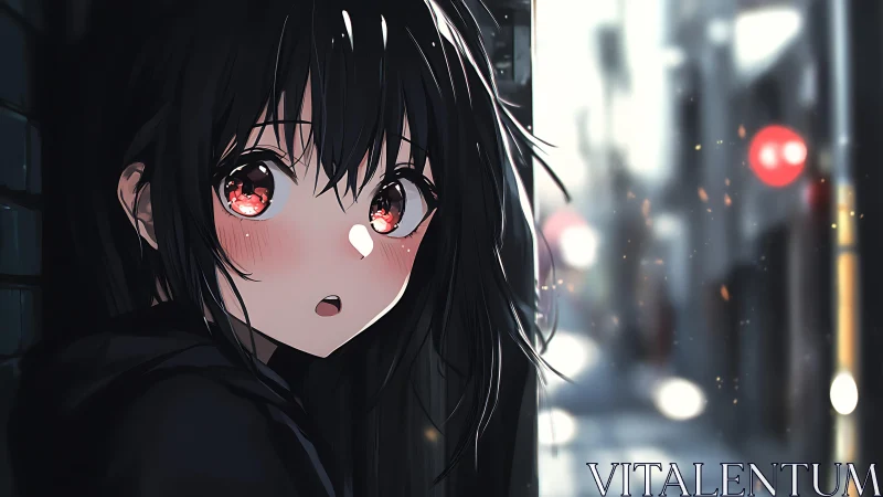 Black haired anime girl in narrow city alley at dusk.