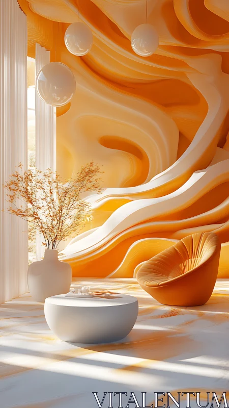 Sunlit citrus lounge carved in flowing sculpted walls.