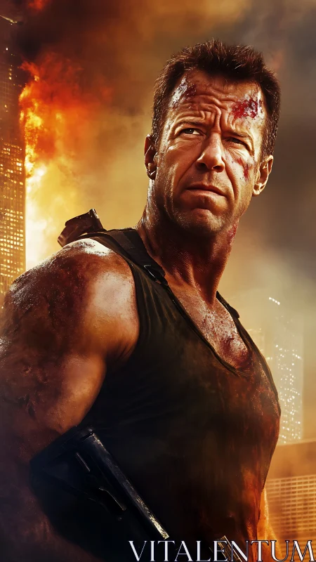 Injured male figure with firearm before burning building.