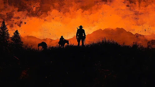 Silhouetted Figures Against Fiery Mountain Sunset.