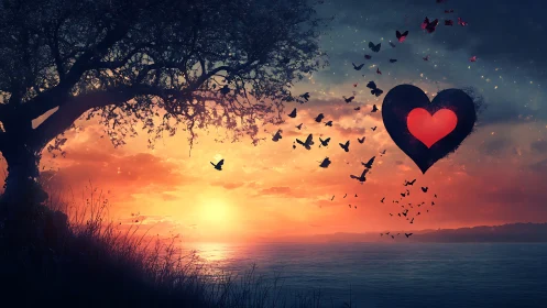Heart Floats Where Sunset Meets Butterfly Reverie