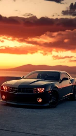 Muscle car silhouette under dramatic coastal sunset sky.
