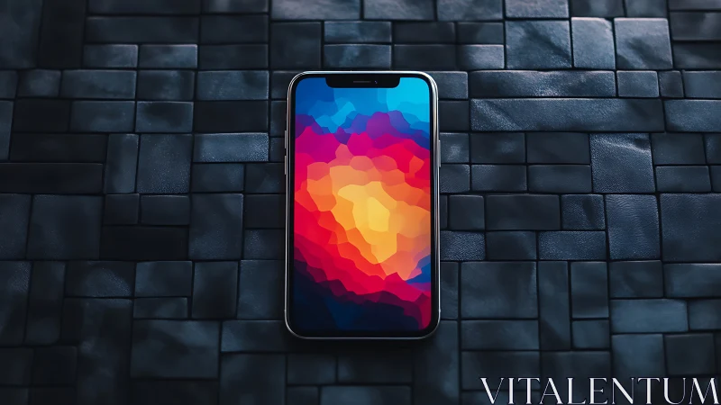 Smartphone displaying abstract gradient wallpaper on textured background