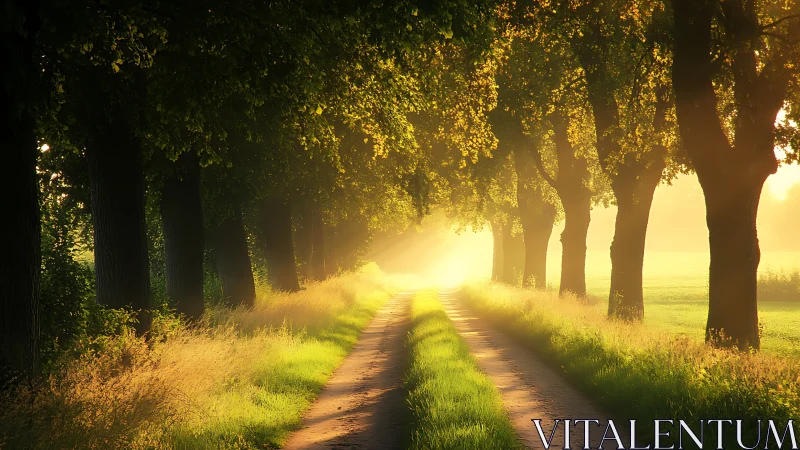 Rural dirt lane under tree canopy in low golden sunrise backlight