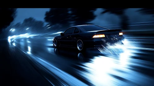 Nighttime drift car slicing through neon blue rain-soaked asphalt.