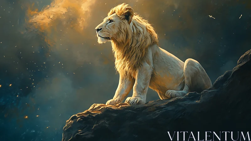 Lone male lion on rocky ledge in warm backlit dusk scene.