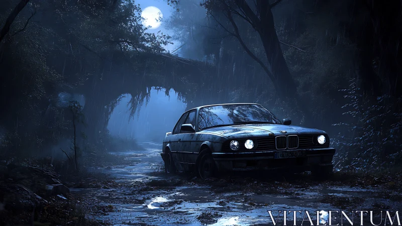 Moonlit sedan navigates flooded forest track under heavy rainfall