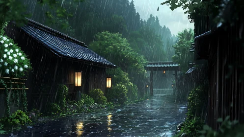 Rain-soaked traditional Japanese street rendered in cinematic anime