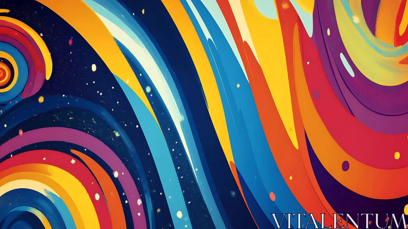 Curved multicolored bands sweep across deep blue background