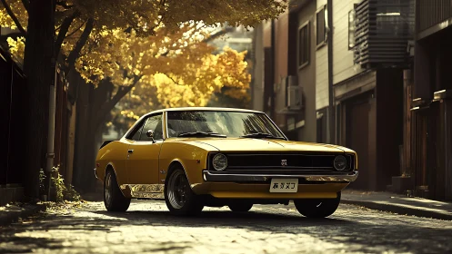 Golden classic coupe parked in sunlit autumn street.