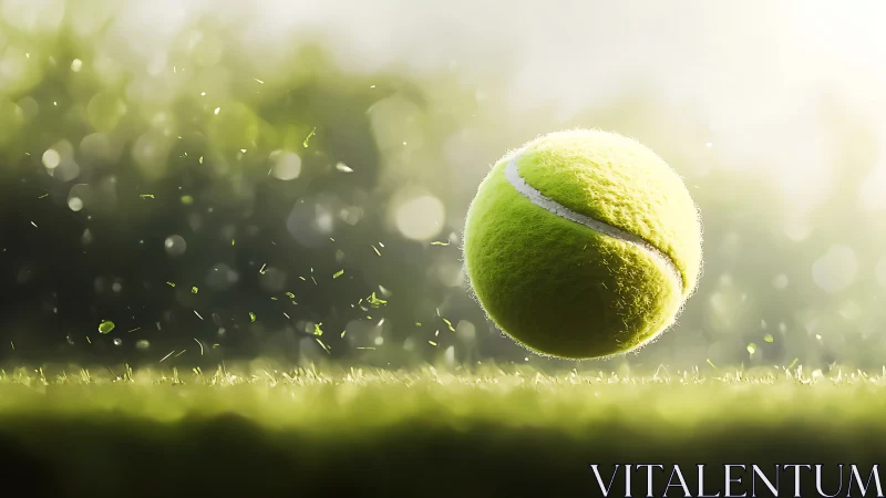 Sunlit tennis ball mid-bounce in glowing summer haze.