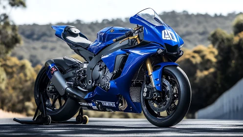 Electric blue superbike poised on racetrack under soft light.