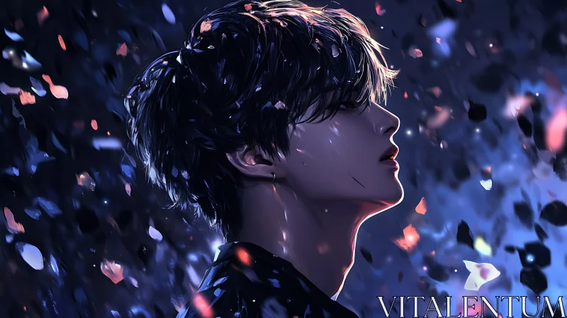 Melancholic youth under swirling neon petals at night.