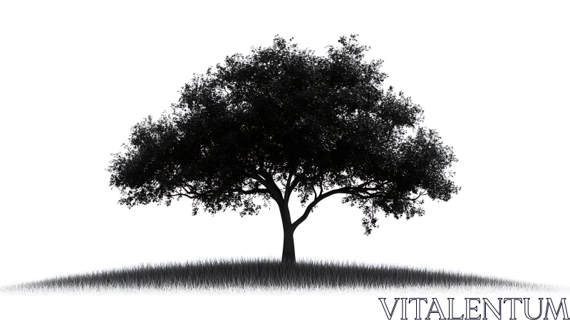 Isolated tree silhouette on graded grassy mound uses high contrast